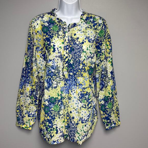 Talbots Cotton Feminine Popover Blouse Butterfly Garden Artsy Floral Blouse Sz L - Picture 1 of 6